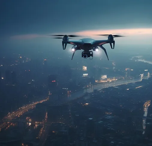 Surveillance drone over a city at dusk