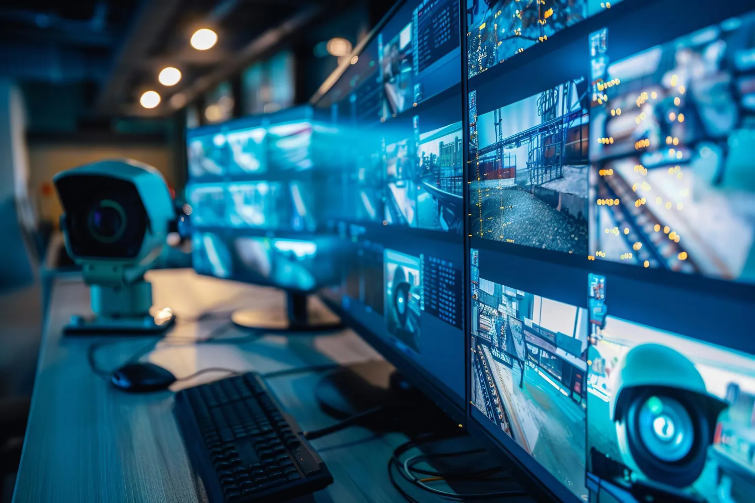 Surveillance cameras and video walls in a command center