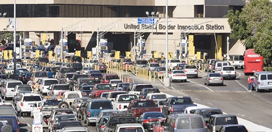 Vehicle lanes queued at a border inspection station